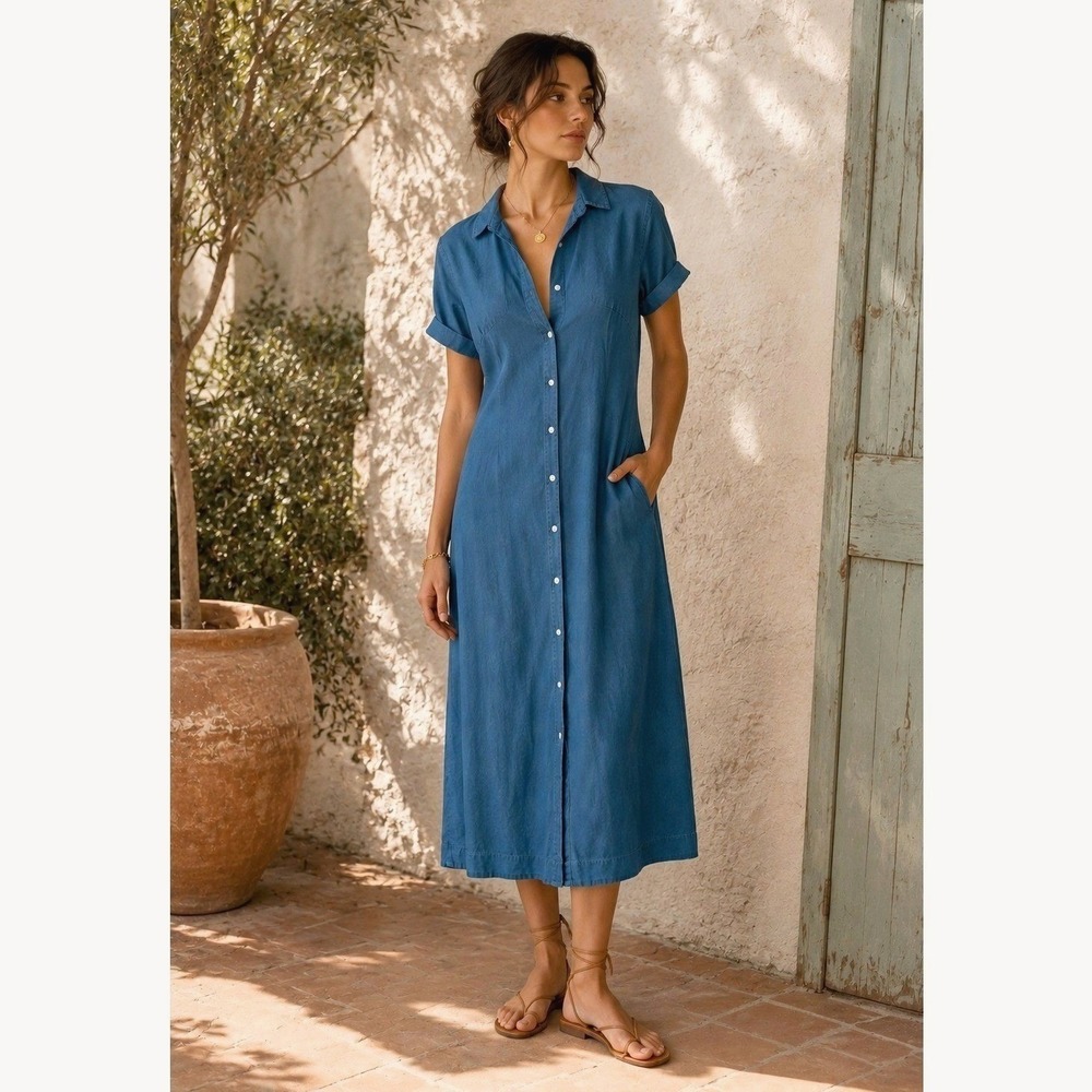 American Giant Blue Button-Front Midi Dress